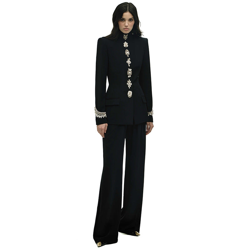 Beaded Collar Jacket Set Casual Long Pants