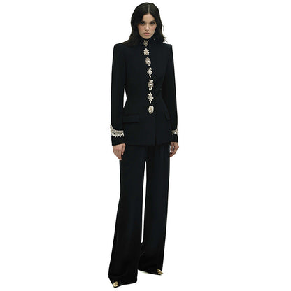 Beaded Collar Jacket Set Casual Long Pants