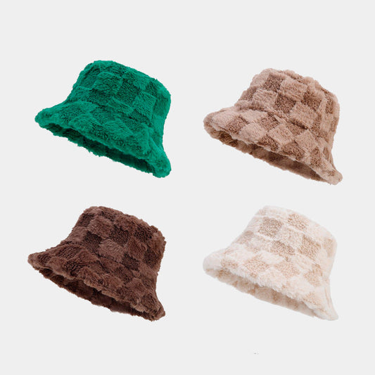 Winter Fuzzy Trendy Plaid Thick Warm Bucket Hat