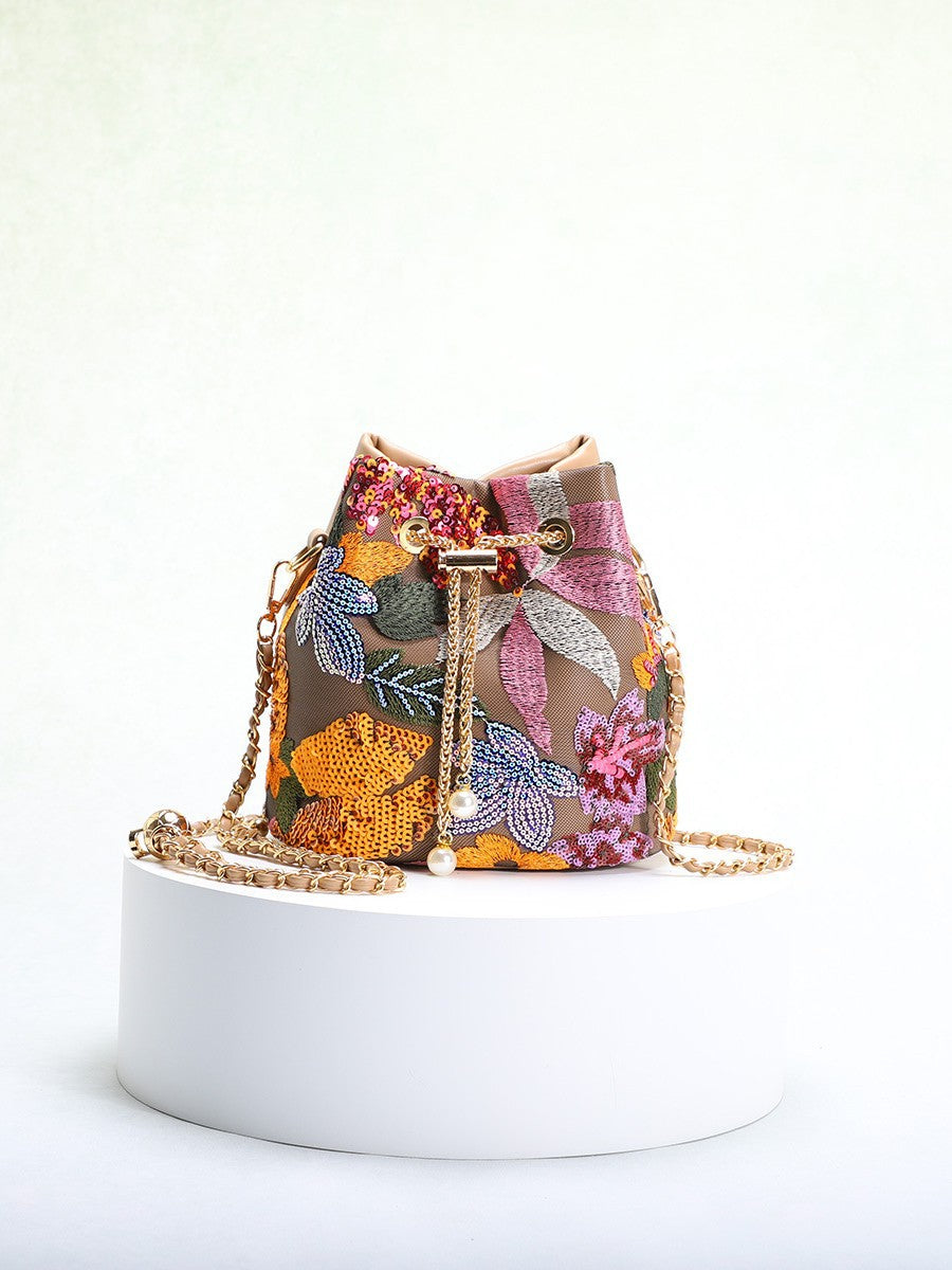 Elegant Floral Embroidered Sequin Mesh Color Block Bucket Bag