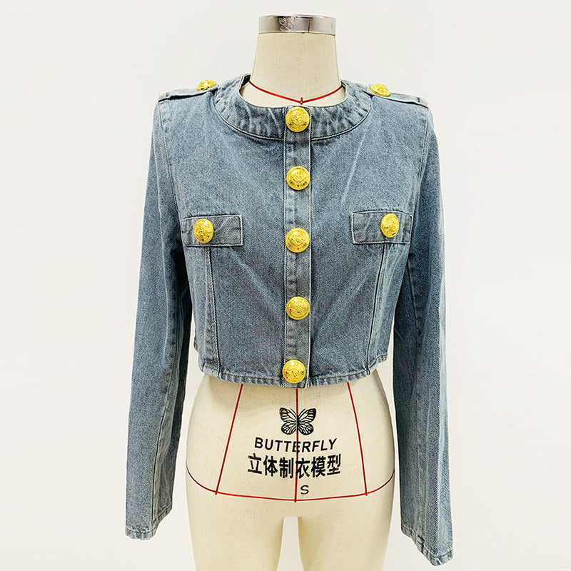 Lion Button Short Denim Jacket