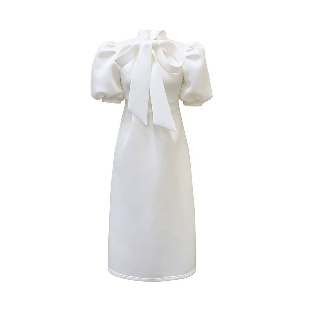 Elegant Solid Color Midi Dress With Bow Detail