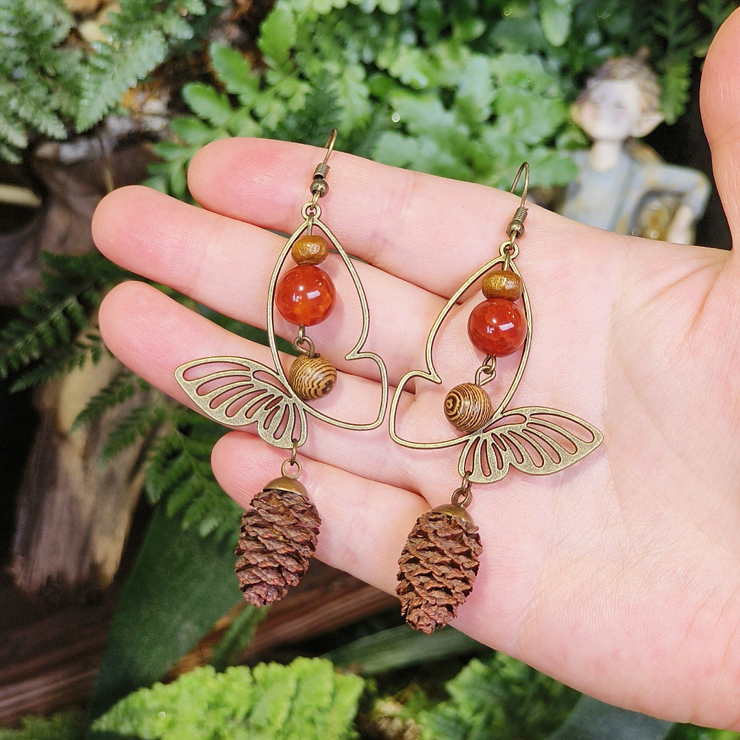 Vintage Bohemian Butterfly Earrings with Natural Stone Beads