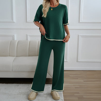 Casual Elegant Short Sleeve Knit Set with Pants