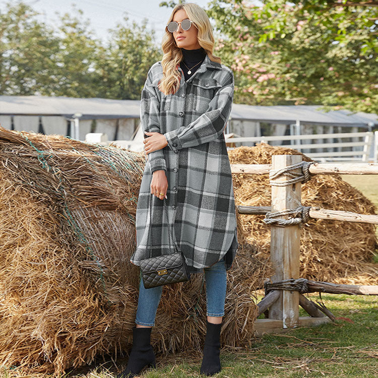 Temperament Commuter Windbreaker Side Slit Lapel Loose Women'S Wool Plaid Shirt Jacket