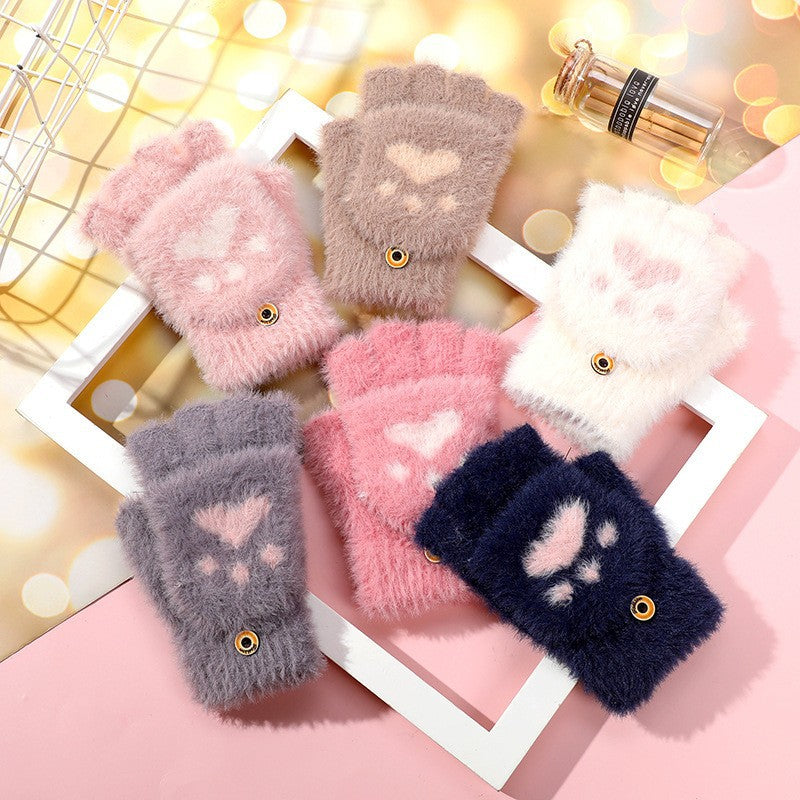 Cute Cat Paw Plush Fingerless Gloves Warm Knit Mittens