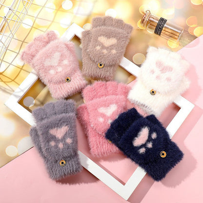 Cute Cat Paw Plush Fingerless Gloves Warm Knit Mittens