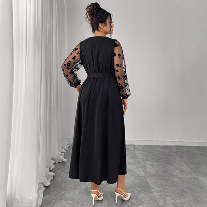 High Waist plus Size V-Neck Lace Long Sleeve Dress