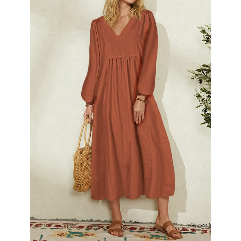 Fashion Women'S Cotton Loose Lantern Sleeve Dress