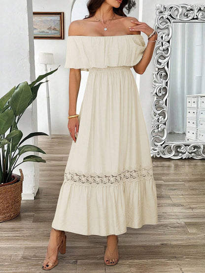 Off-Shoulder Waist-Defined Maxi Dress with Ruffle Sleeves