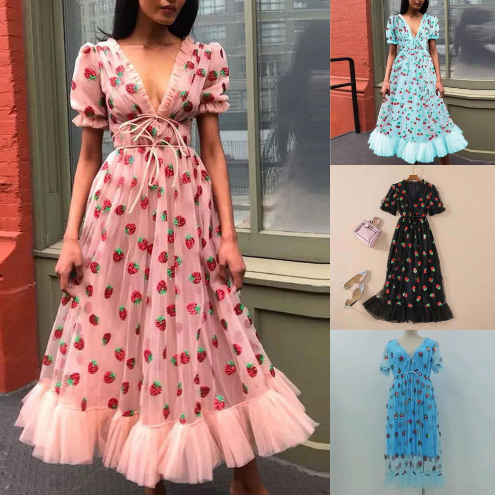 French Strawberry Four-Color Sequins Sweet Long Skirt Gauze Strap Slim Fashion Dress