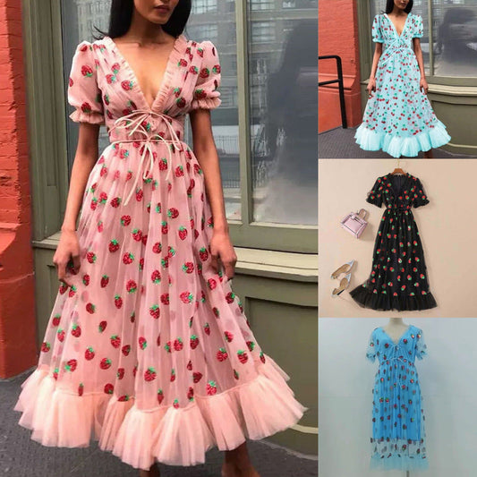 French Strawberry Four-Color Sequins Sweet Long Skirt Gauze Strap Slim Fashion Dress