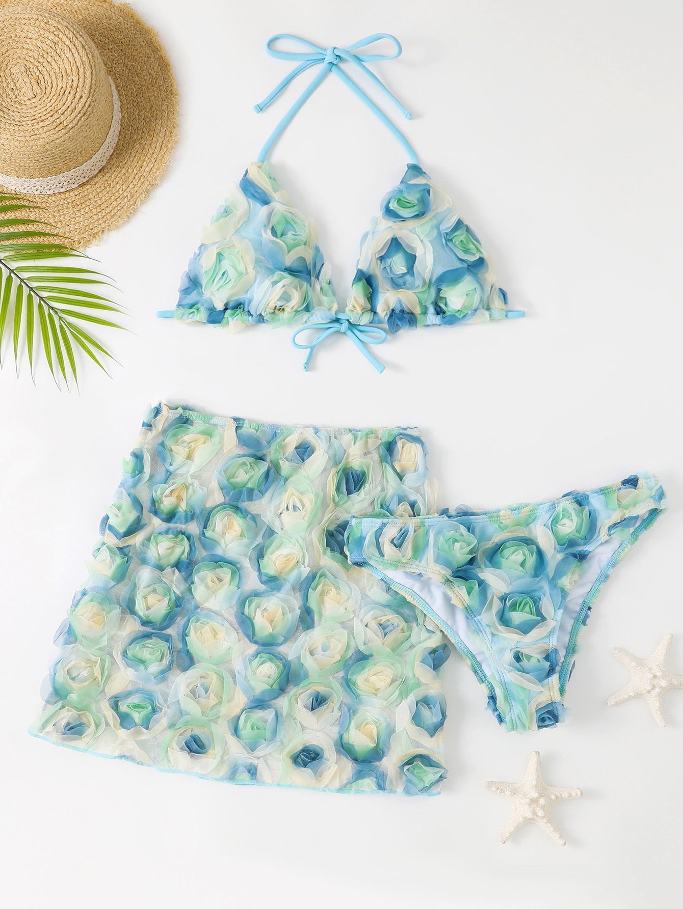 New 3D Rose Flower Split Three Piece Bikini