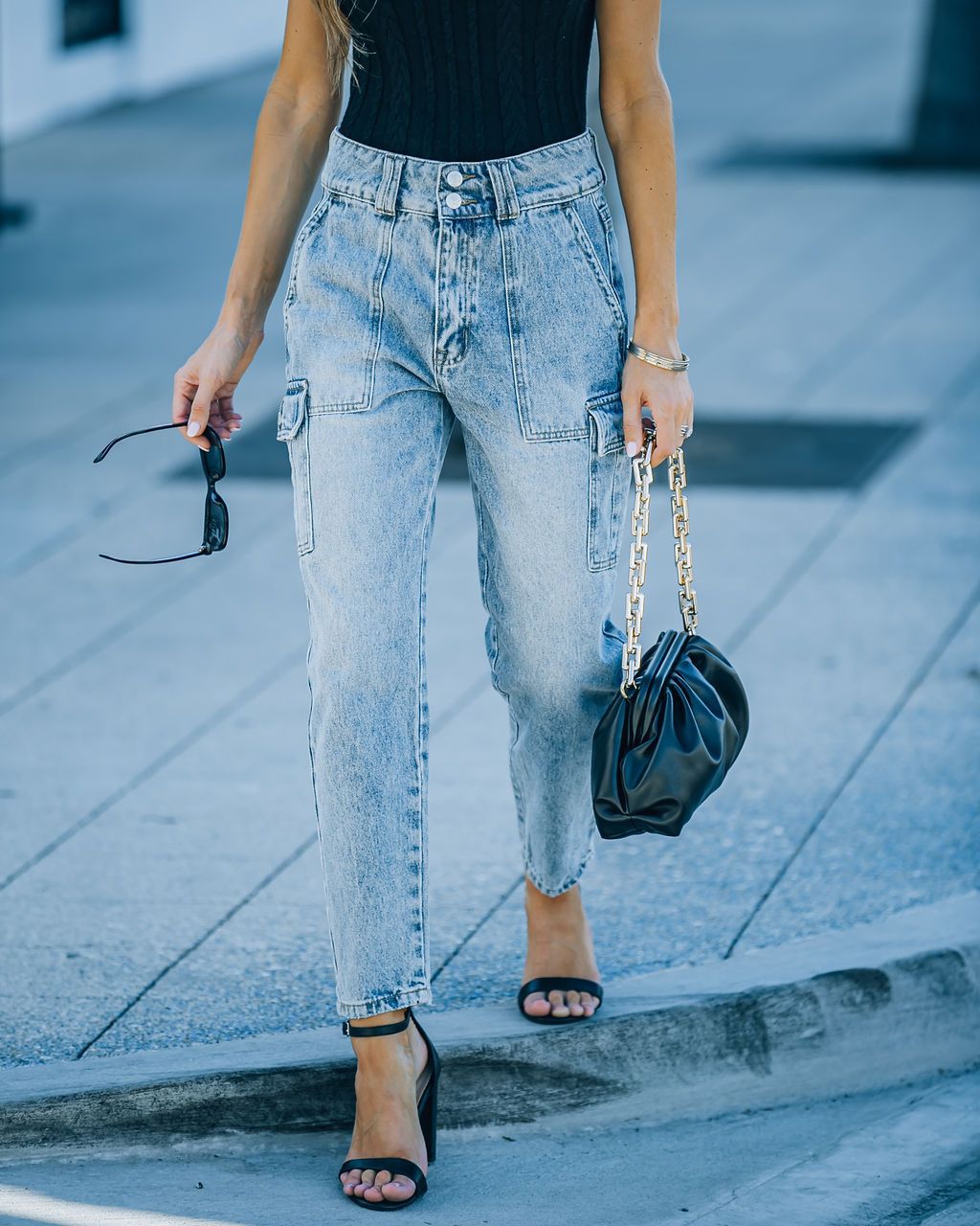 Trendy High-Waisted Light Blue Cargo Jeans