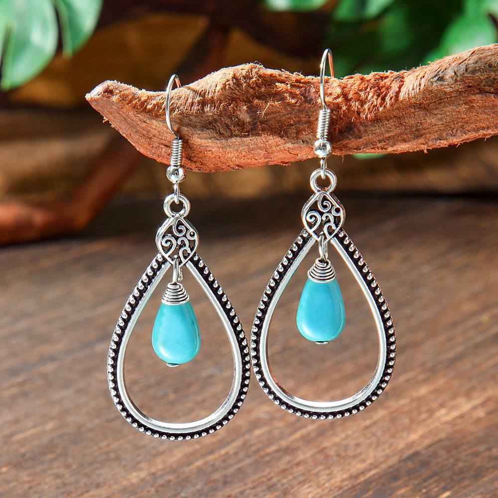 Bohemian Style Turquoise Earrings Set Oval Tassel Dangle Jewelry