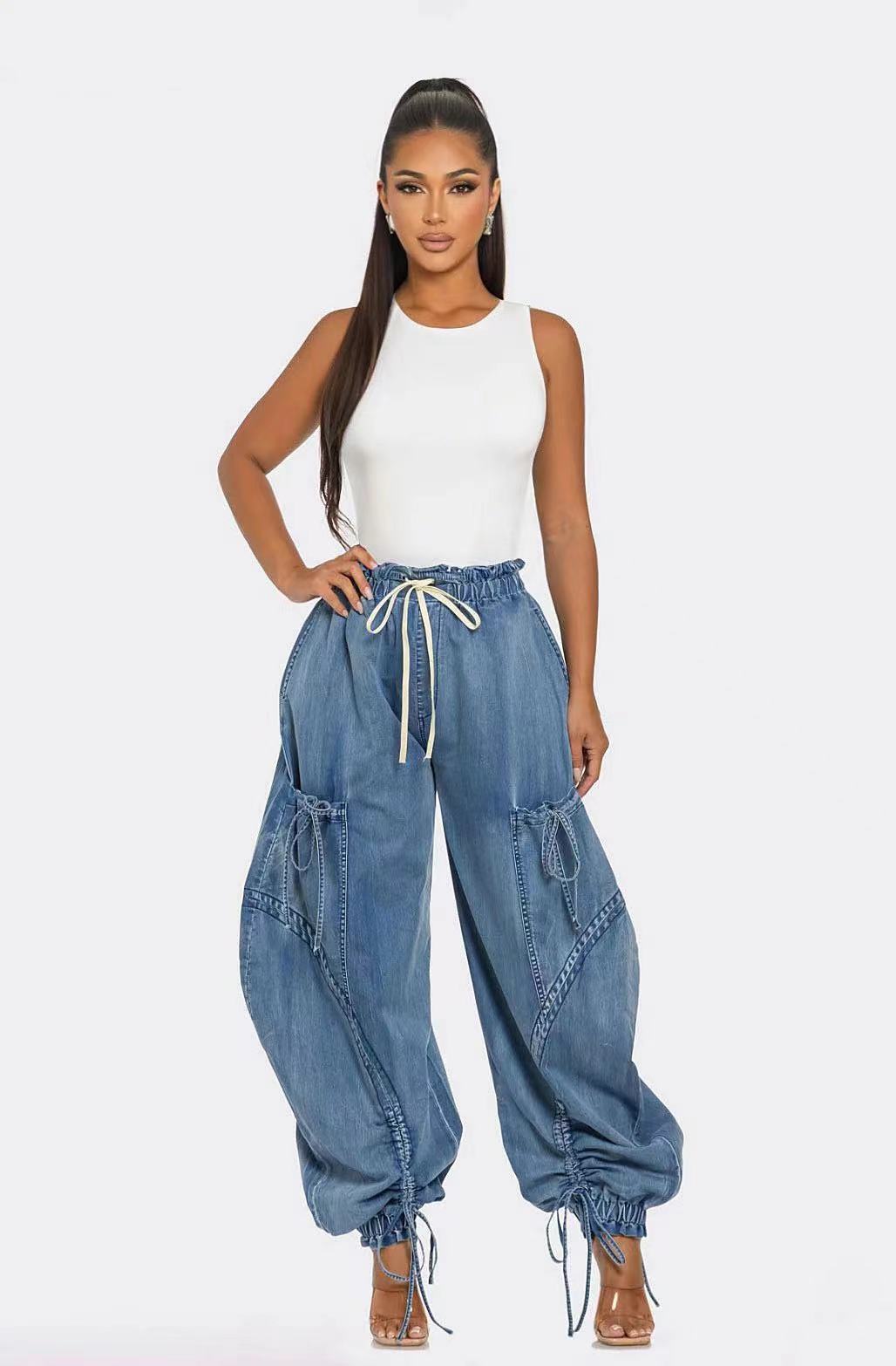 Loose-Fit Denim Harem Pants For Women With Drawstring Waist