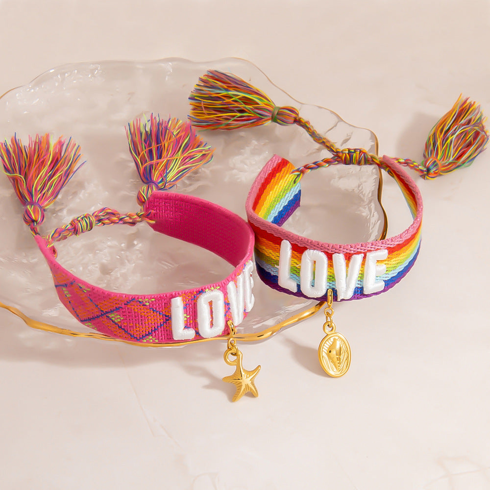 Adjustable Woven Bracelet with Rainbow LOVE Tassels
