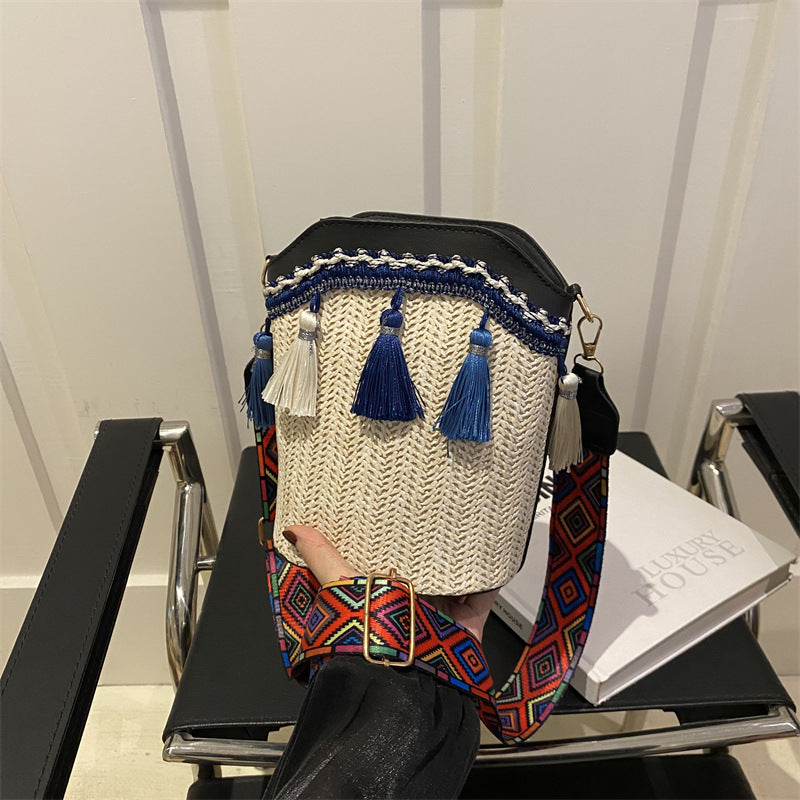 Ethnic Style Woven Bucket Bag Casual PU Crossbody Bag
