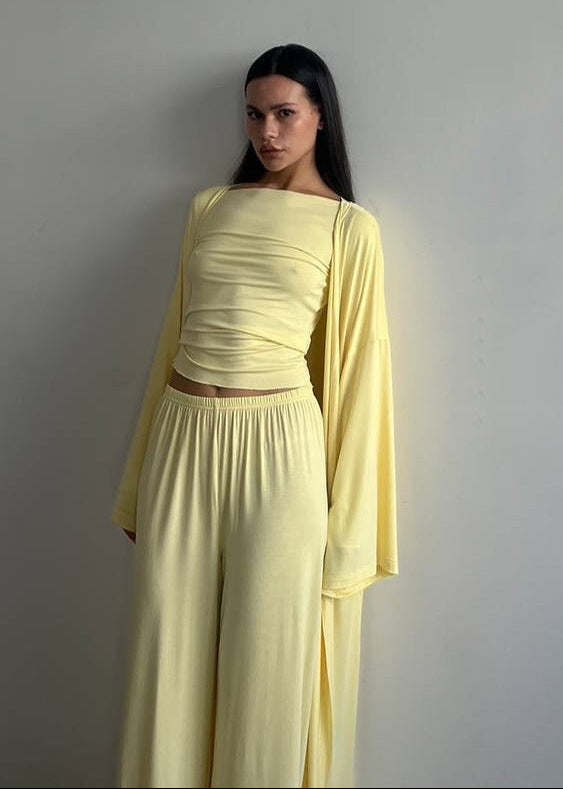 Three Piece Jersey Lounge Set Yellow Soft Texture