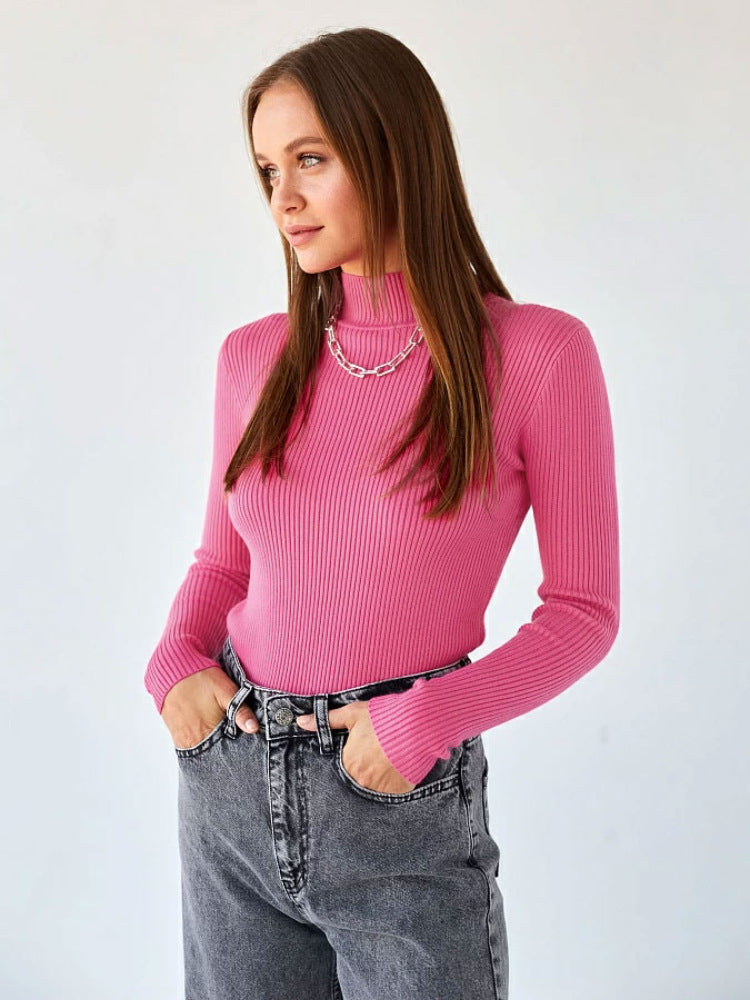 Solid Color Mock Neck Sweater Women Trendy Slim Fit Long Sleeve