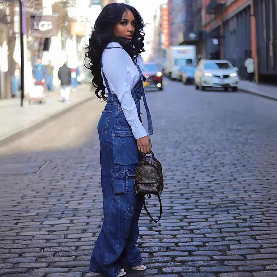 Loose Fit Denim Overalls With Pockets For Women
