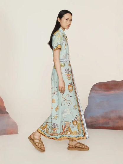 Casual Fashion Floral Printed Linen Dress with Lantern Sleeves