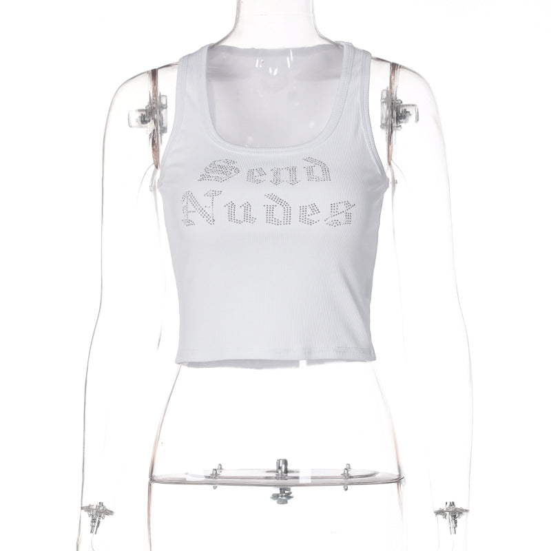Trendy Letter Print Sleeveless Crop Top with Rhinestones