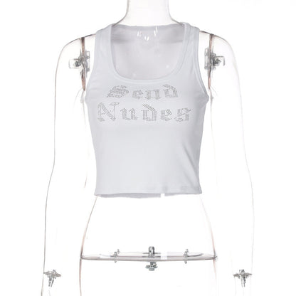 Trendy Letter Print Sleeveless Crop Top with Rhinestones