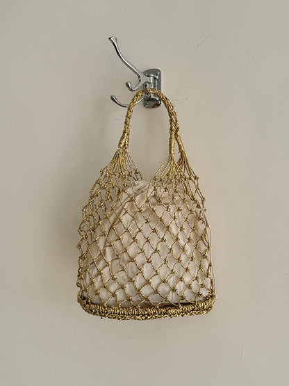 Handwoven Solid Color Tote Bag With Gold & Silver Lurex