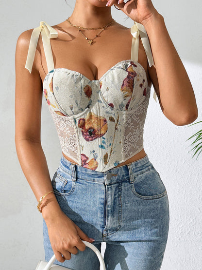 Sexy Floral Print Corset Crop Top With Adjustable Straps