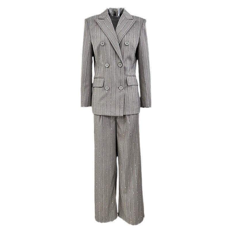 Gray Double-Breasted Blazer Pantsuit Set