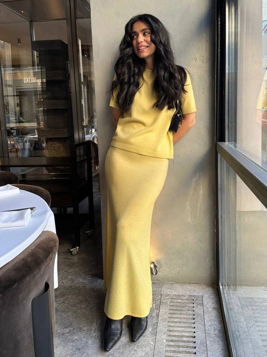 Casual Short Sleeve Knit Skirt Set