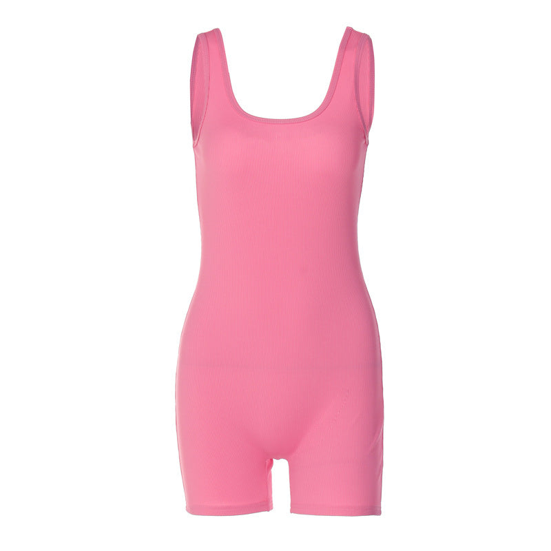 Fashionable Solid Color U-Neck Slim-Fit Jumpsuit