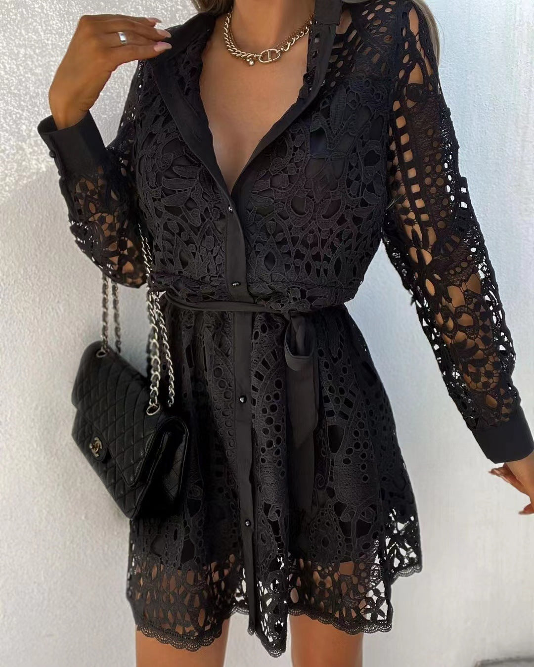 Women'S Fashionable Temperament Lace Mini Lace-Up Dress
