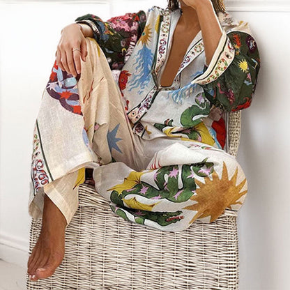 Chic Floral Print Loose-Fit Shirt and Wide-Leg Pants Set