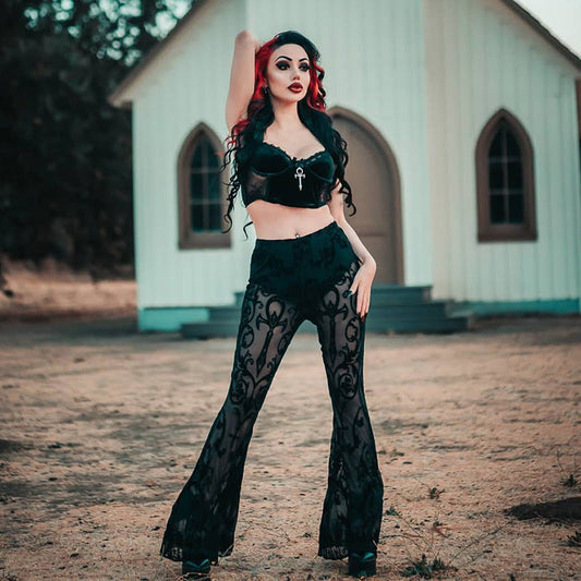 Bohemian Style High-Waisted Sheer Bell Bottom Pants