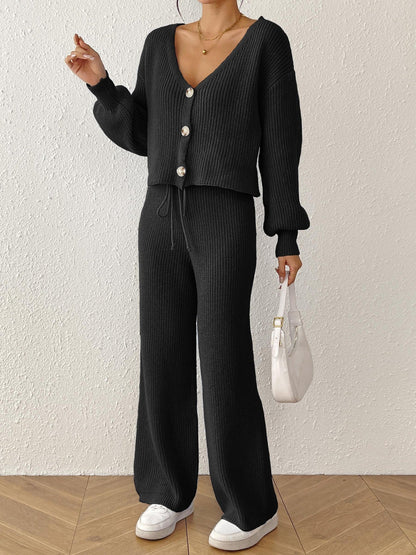 Solid Color Women'S Cardigan Set With Loose-Fit Trousers