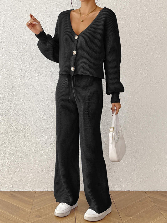 Solid Color Women'S Cardigan Set With Loose-Fit Trousers