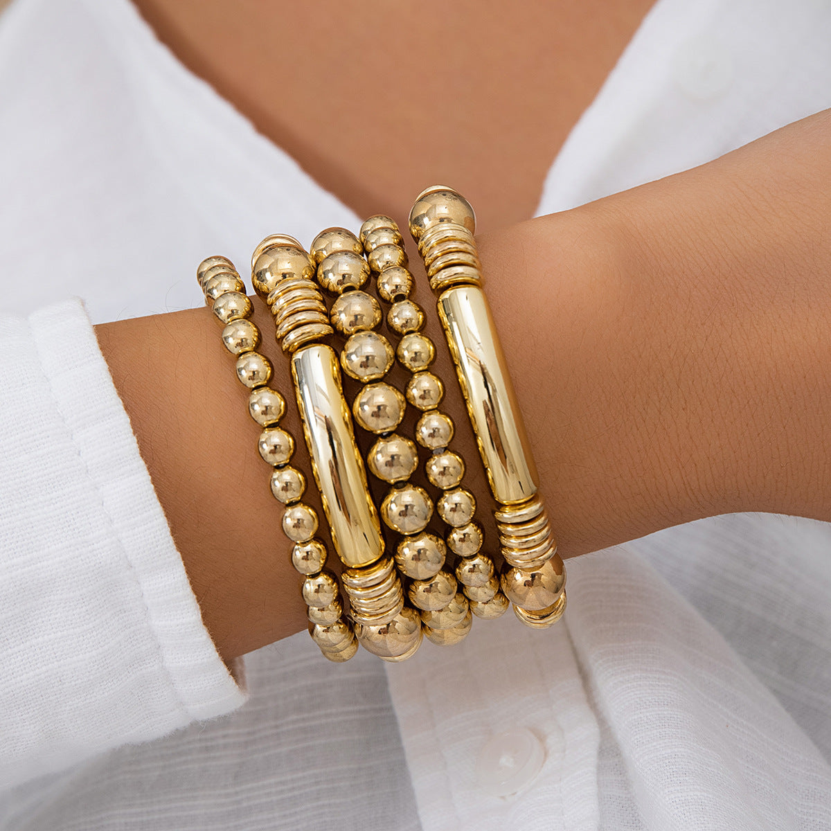 Heart-Shaped Metal Pendant Bead Bracelet Set Stylish Chunky Chain Bracelet For Women