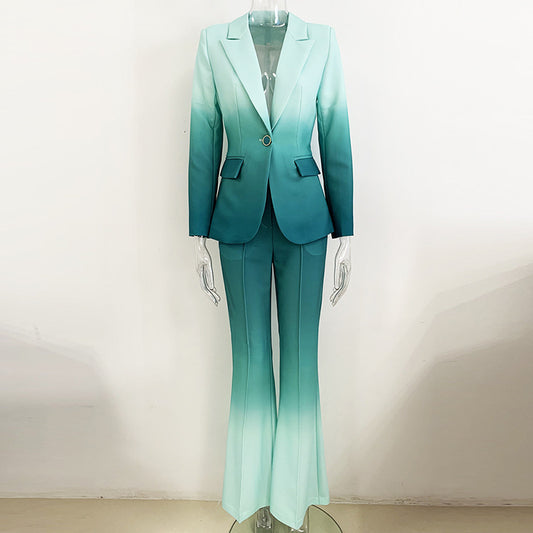 Fashionable Gradient Color Blazer And Flared Pants Set