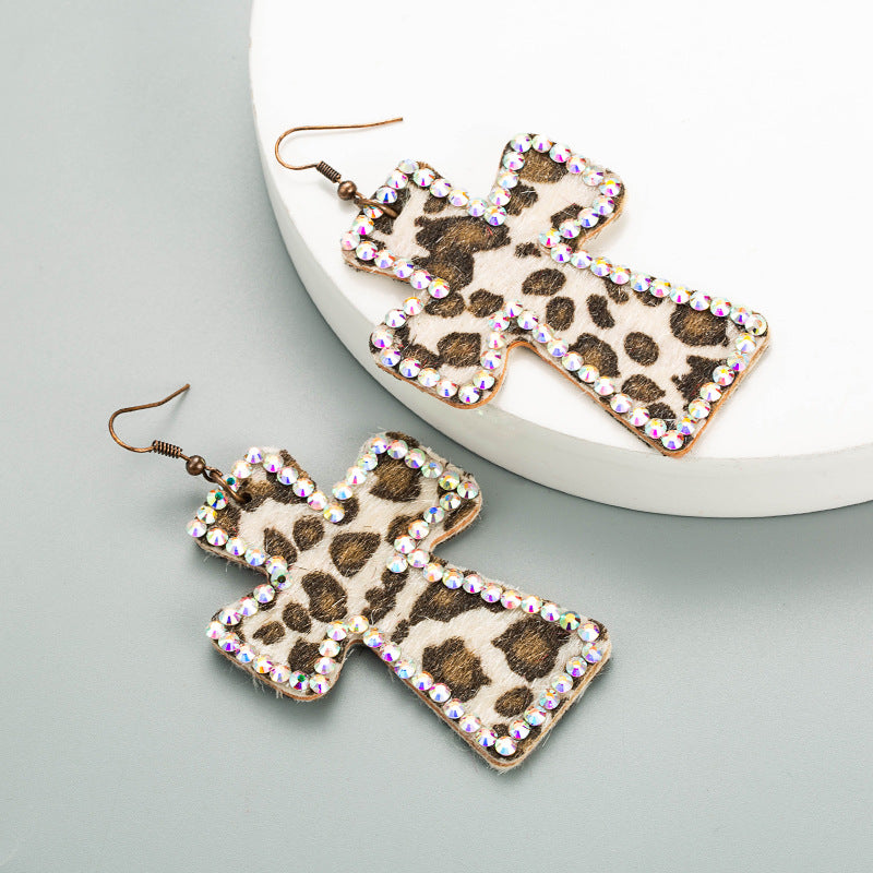 Trendy Y2K Cross Earrings Genuine Leather Leopard Print Geometric Style