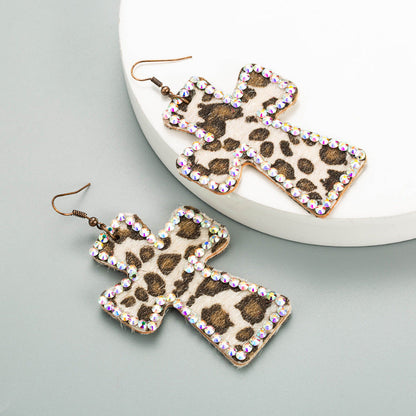 Trendy Y2K Cross Earrings Genuine Leather Leopard Print Geometric Style