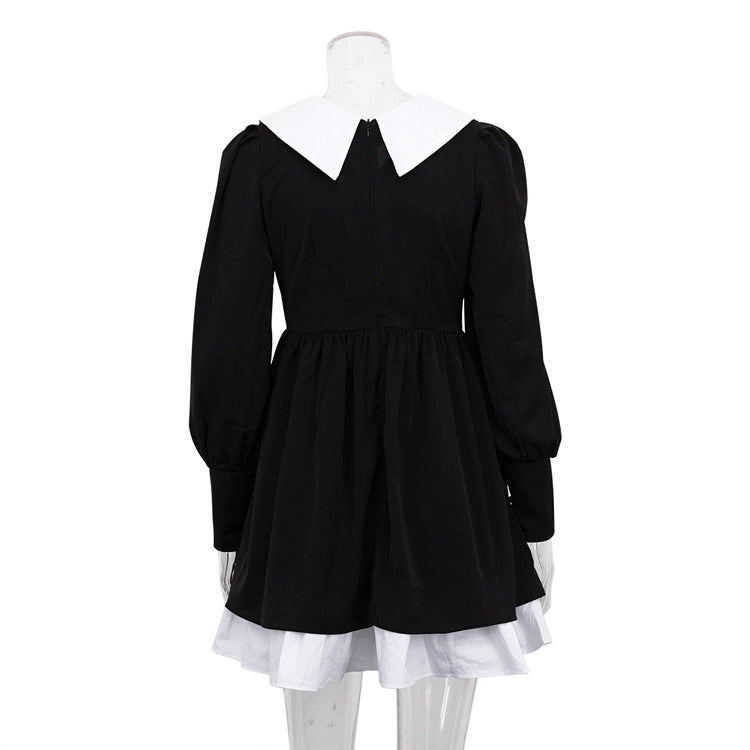 French Style Black A-Line Dress With Peter Pan Collar
