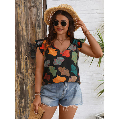 Fashionable V-Neck Flutter Sleeve Shirt Casual Printed Top