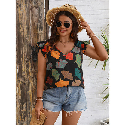 Fashionable V-Neck Flutter Sleeve Shirt Casual Printed Top