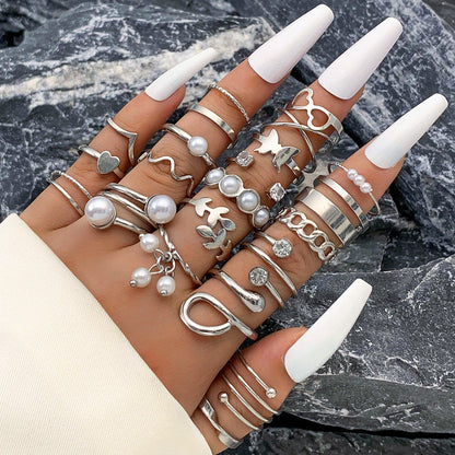 Trendy Leaf Heart Rings Geometric Pearl Joint Stacking Ring Set