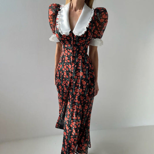French Floral Print A-Line Dress With Peter Pan Collar
