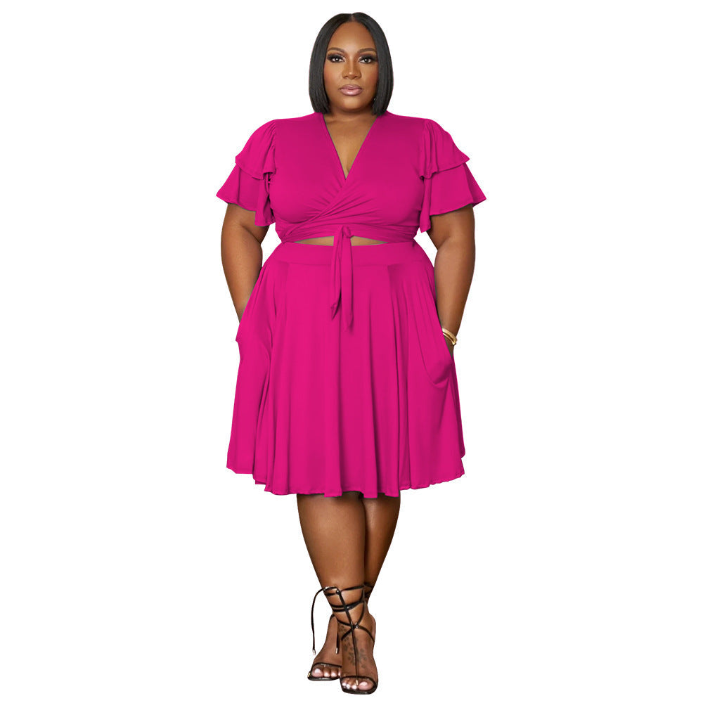Ruffled Sleeve Tie Waist Dress Set V-Neck A-Line Dress