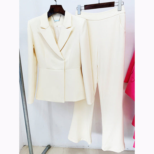 Cream Buttoned Blazer Pantsuit Set