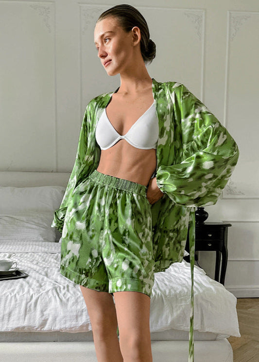 Satin Lounge Set With Abstract Print And Kimono Style